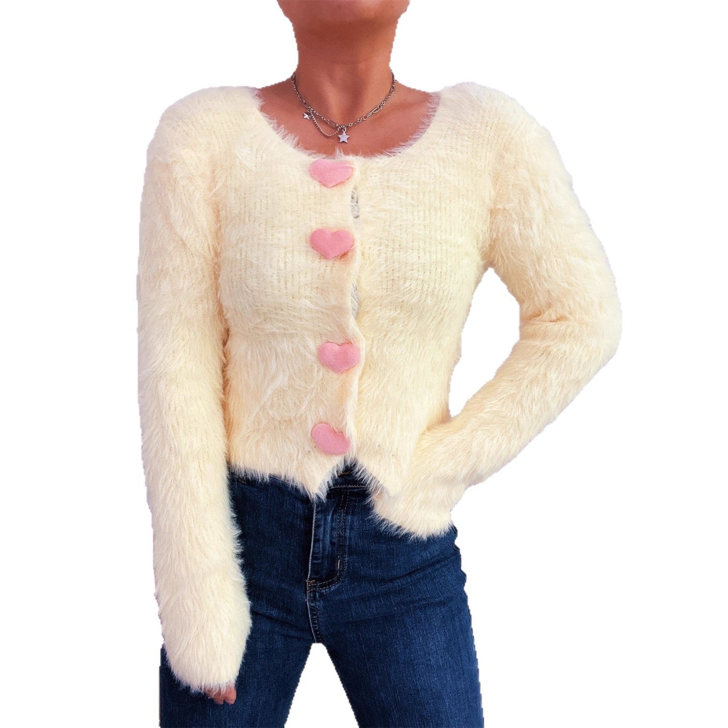 Damen Cardigan Flauschig Herzknöpfe