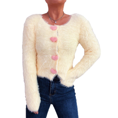 Damen Cardigan Flauschig Herzknöpfe