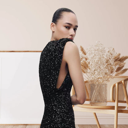 Damen Cocktailkleid Pailletten Hochgeschlossener Stehkragen Eveloria