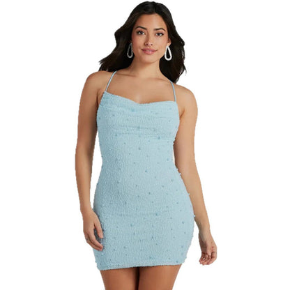 Damen Minikleid Figurbetont mit Perlen Spaghettiträgern