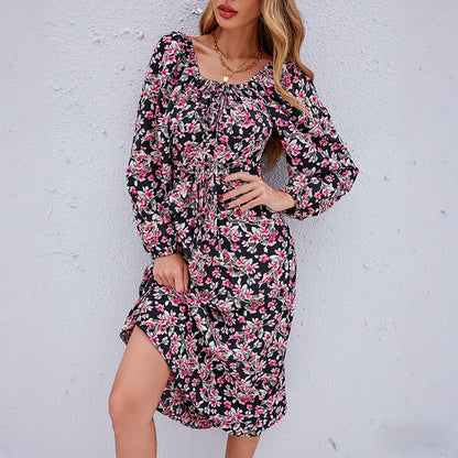 Damen Midikleid Puffärmel Floralmuster