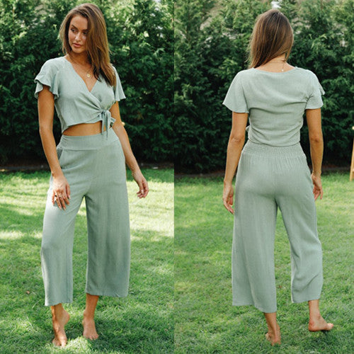 Damen Zweiteiliges Set Geknotetes Oberteil Weite Hosen Eveloria - Eveloria