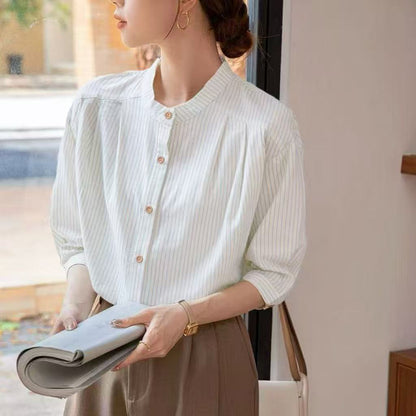 Damen Bluse Gestreift Stehkragen Elegante Weiß