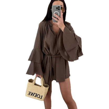 Damen Kaftan-Oberteil Luftig Weite Ärmel Taillengürtel