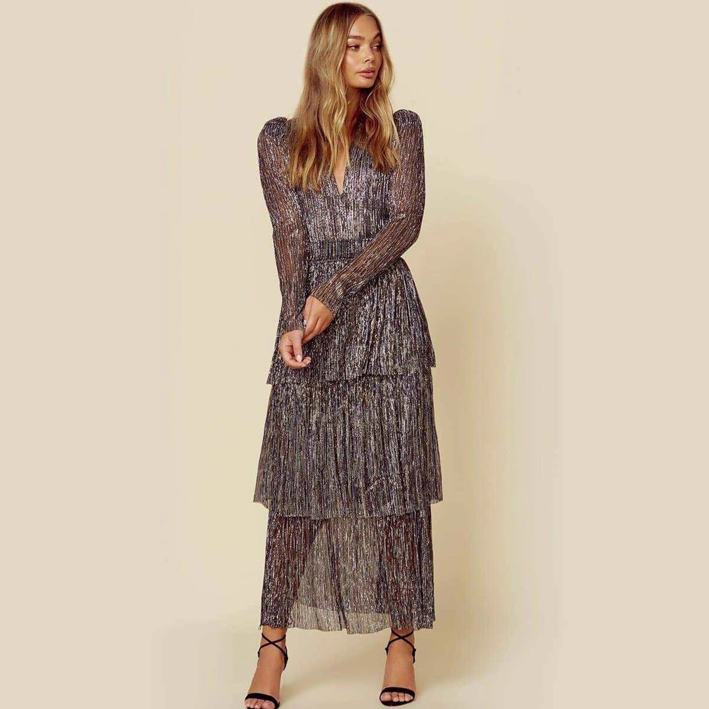 Damen Abendkleid Plissiert Schimmernd Langer Ärmel Eveloria