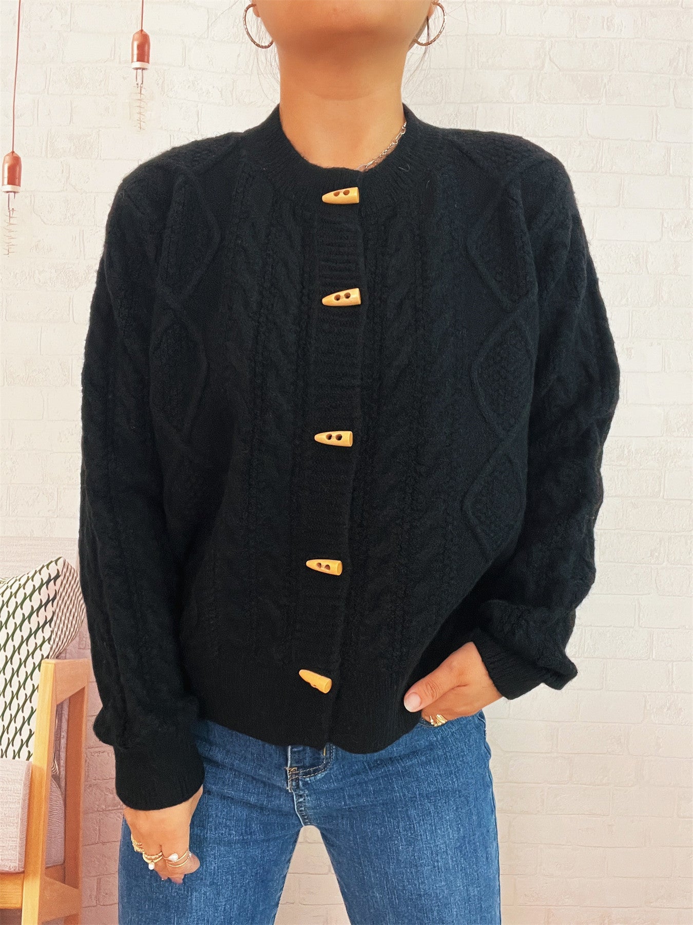 Damen Strickcardigan Weich Nautisches Design Beige Holzknöpfe