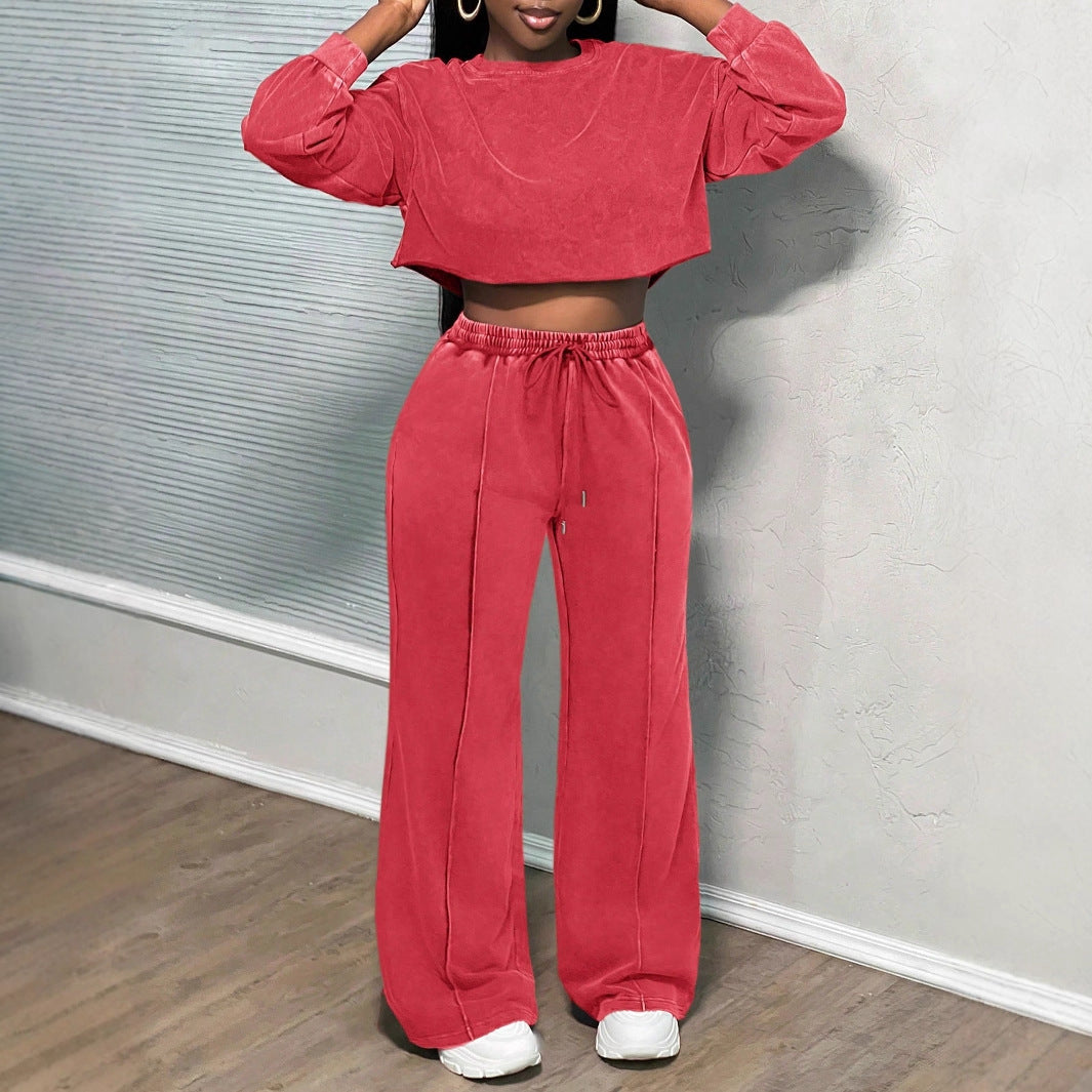 Damen Cropped Loungewear-Set Weites Hosenbein Hochwerder Bund Eveloria