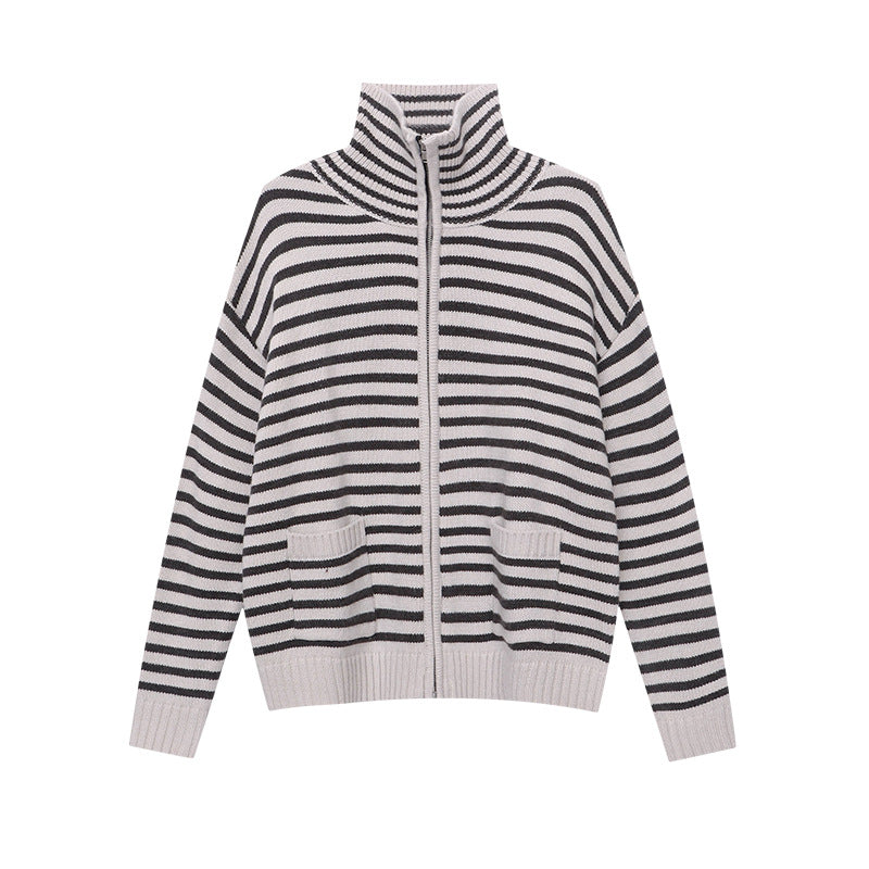 Damen Strickjacke Gestreift Hoher Kragen Beige