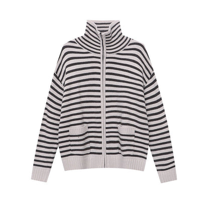 Damen Strickjacke Gestreift Hoher Kragen Beige