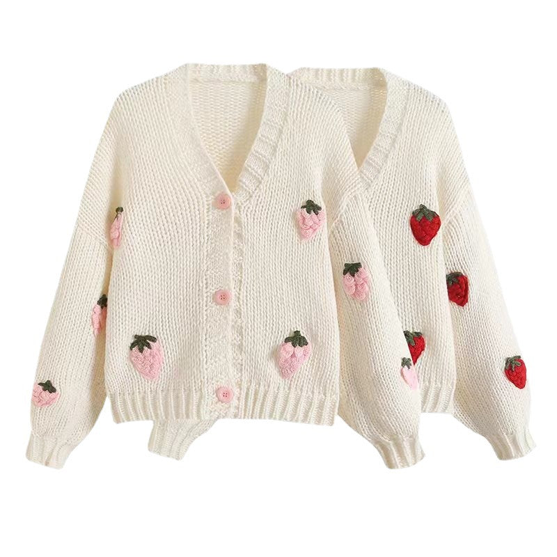 Damen Strickjacke Frucht-Applikationen Knopfdetails Eveloria