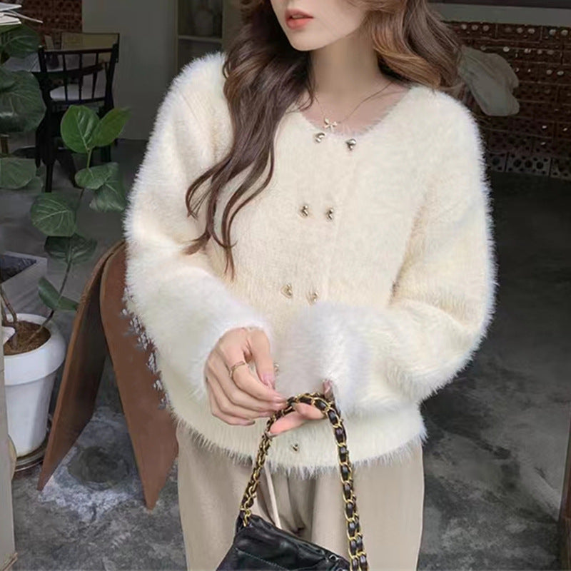 Damen Strickjacke Kuschelig Dekorative Knöpfe Beige