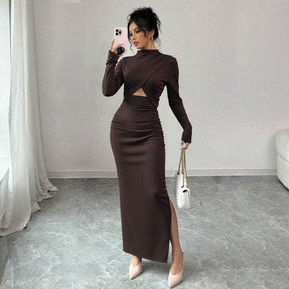 Damen Wickelkleid Langärmlig Schlitz Eveloria