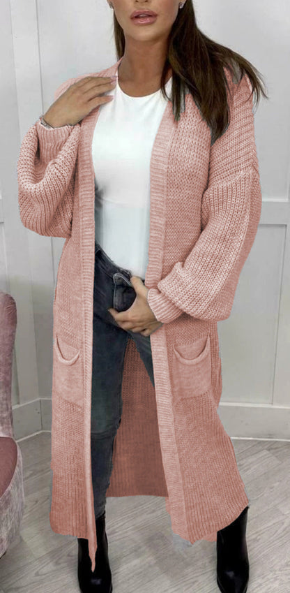 Damen Grobstrickmantel Offen Lässig Beige