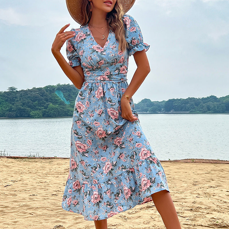 Damen Midikleid Floral Rüschendetails Taillierung