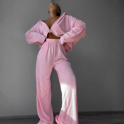 Damen Fleece-Set Hochgeschlossener Reißverschluss Weite Beine Grau