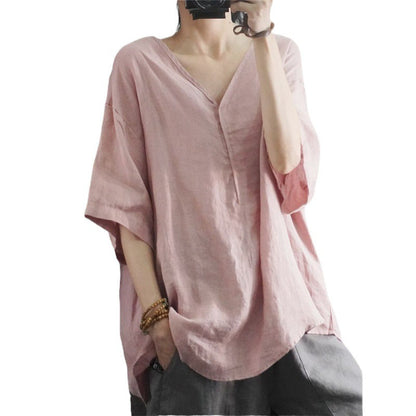 Damen Leinen T-Shirt Oversized V-Ausschnitt Beige
