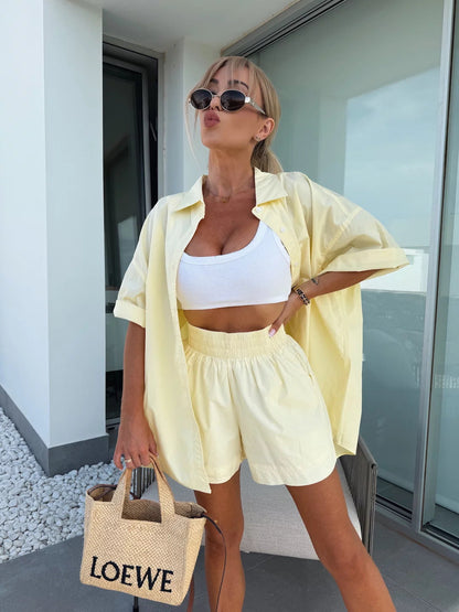 Damen Kurzarm Bluse Shorts Set Baumwolle Bequem