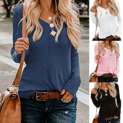 Damen Waffelpullover V-Ausschnitt Lässiger Schnitt Eveloria