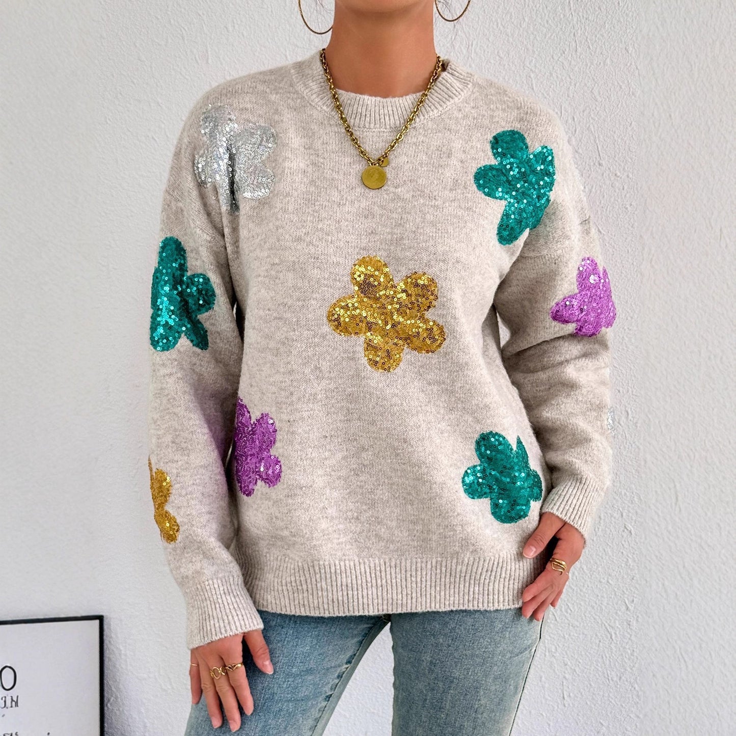 Damen Oversized Pullover Glitzer Floralmuster Eveloria