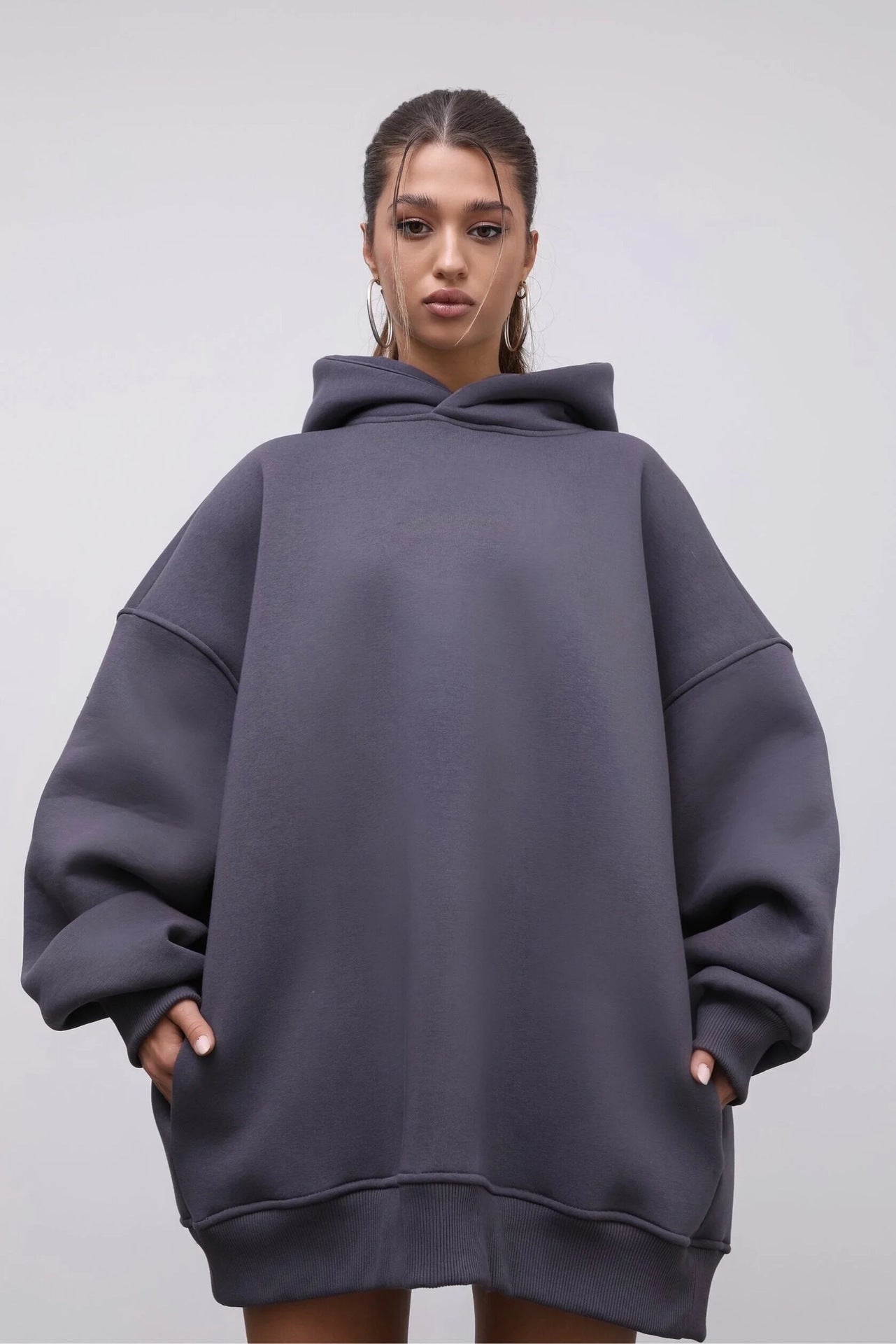 Damen Oversized Hoodie mit Taschen Hochgeschlossener Kragen