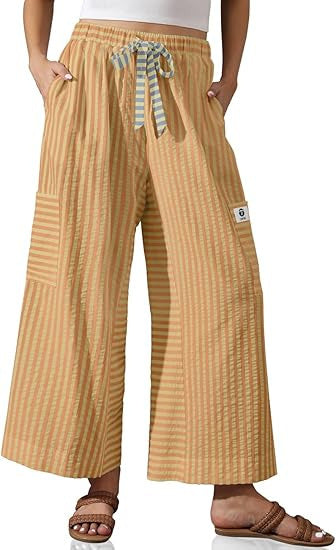 Damen Palazzo-Hose Gestreift Bequem Mit Taschen weiß