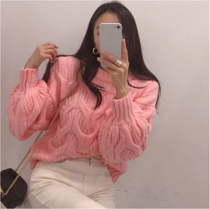 Damen Grobstrickpullover Zopfmuster Lässig