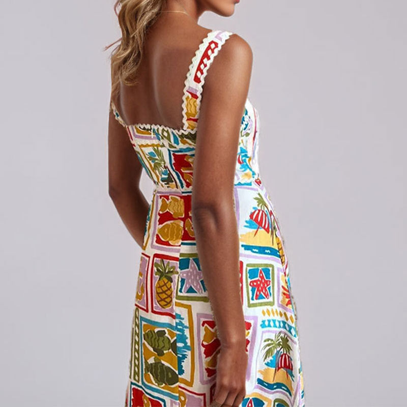 Damen Maxikleid mit buntem Print und schmalen Trägern Eveloria