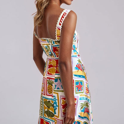 Damen Maxikleid mit buntem Print und schmalen Trägern Eveloria
