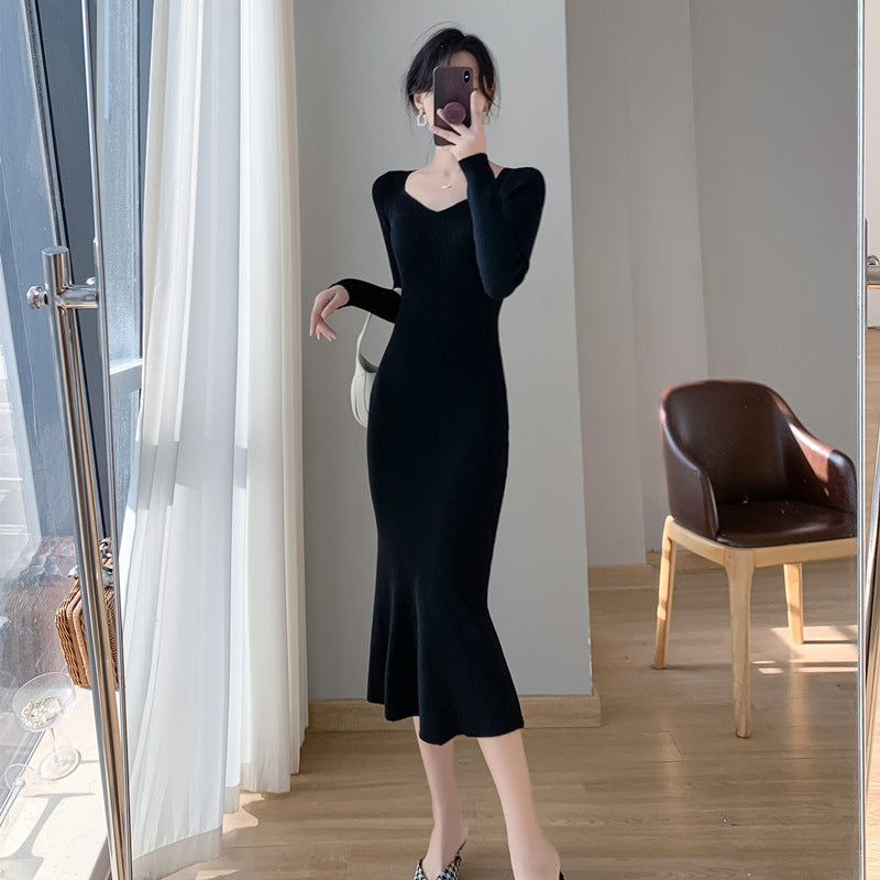 Damen Strickkleid V-Ausschnitt Elegantes Design