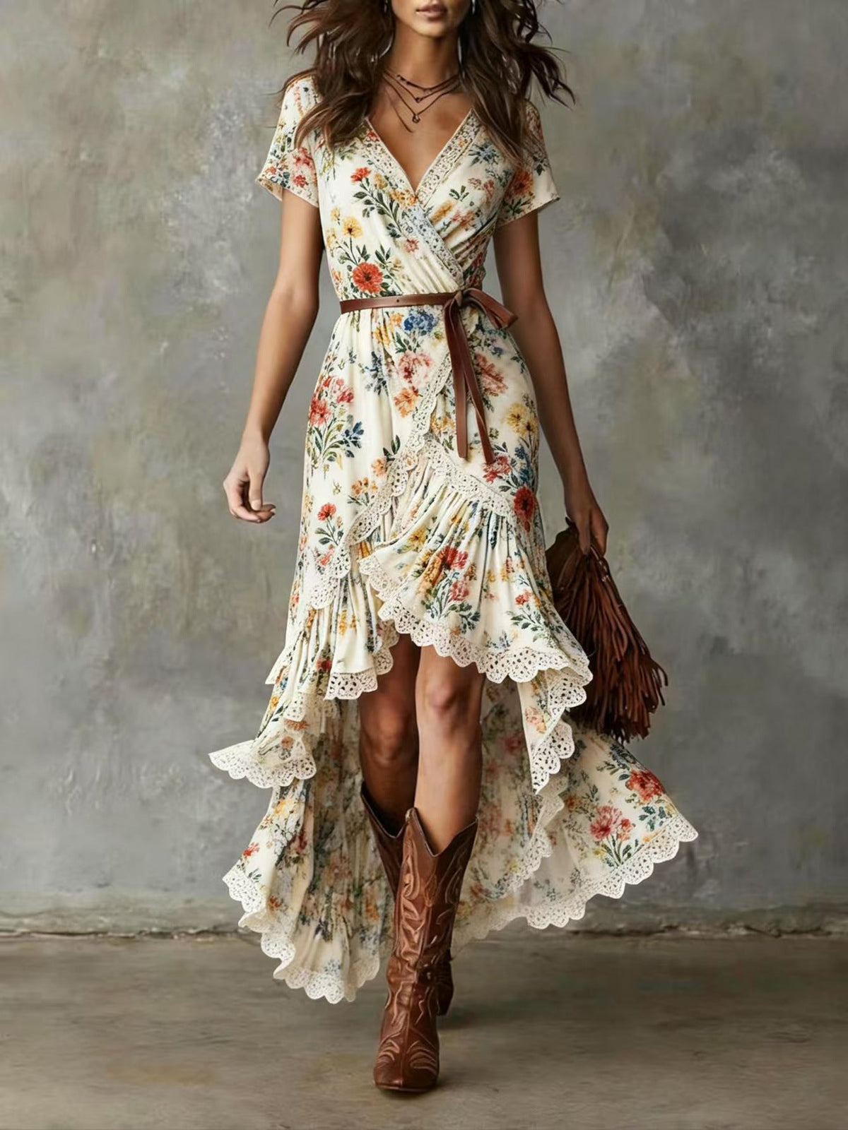 Damen Wickelkleid mit Spitzenakzenten und Blumenmustern Eveloria