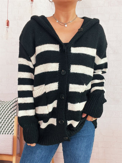 Damen Strickcardigan mit Kapuze und Streifen