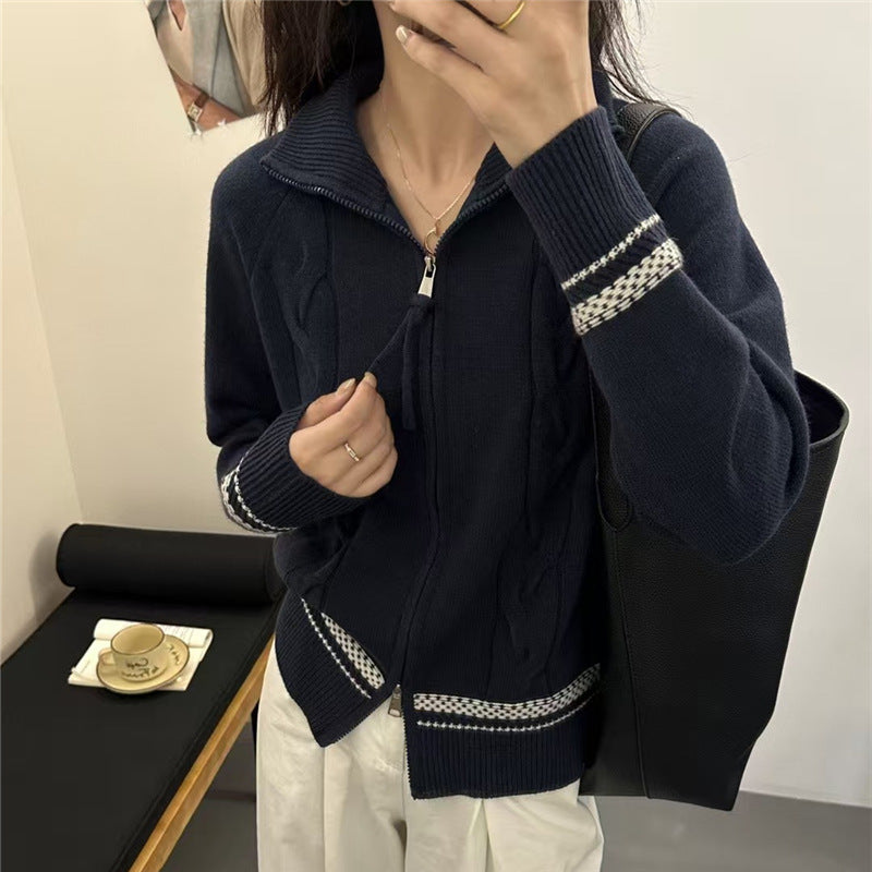 Damen Strickjacke Zopfmuster mit Reißverschluss