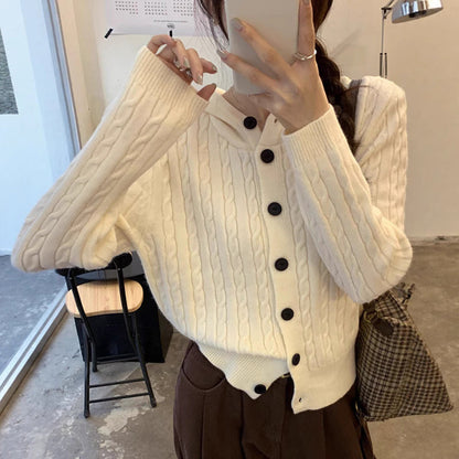 Damen Strickjacke mit Kapuze und Zopfmuster