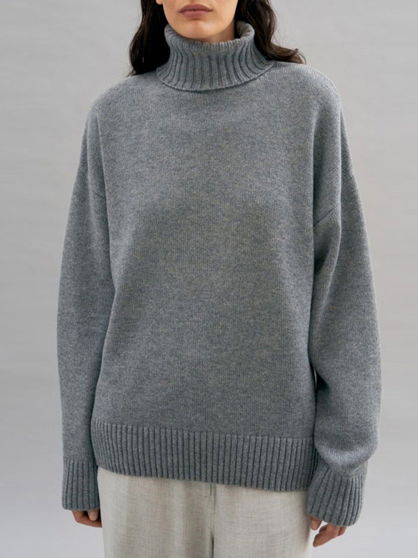 Damen Rollkragenpullover Oversized Kuschelfleece Grau