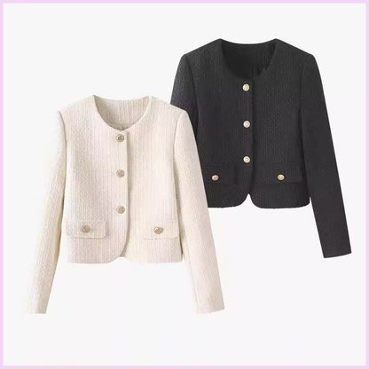 Damen Kurzjacke Tweed-Stil Goldknöpfe Eveloria