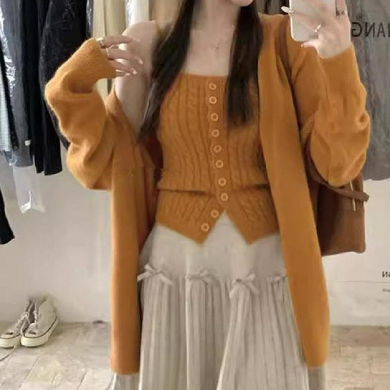 Damen Strickset Knopfleiste Lässig Grau Eveloria