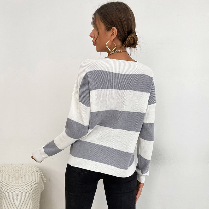 Damen Strickpullover V-Ausschnitt Blockstreifen Eveloria