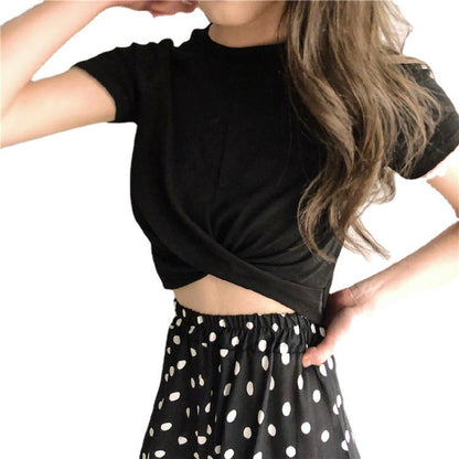 Damen Cropped T-Shirt Raffinierter Knoten Elegant Baumwolle Weiß