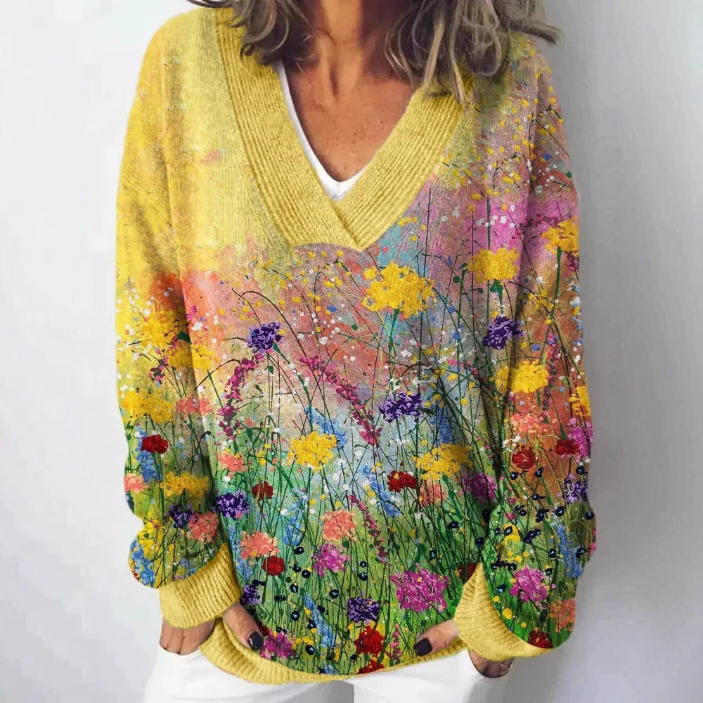 Damen Pullover V-Ausschnitt Floralmuster Lässig Eveloria - Eveloria