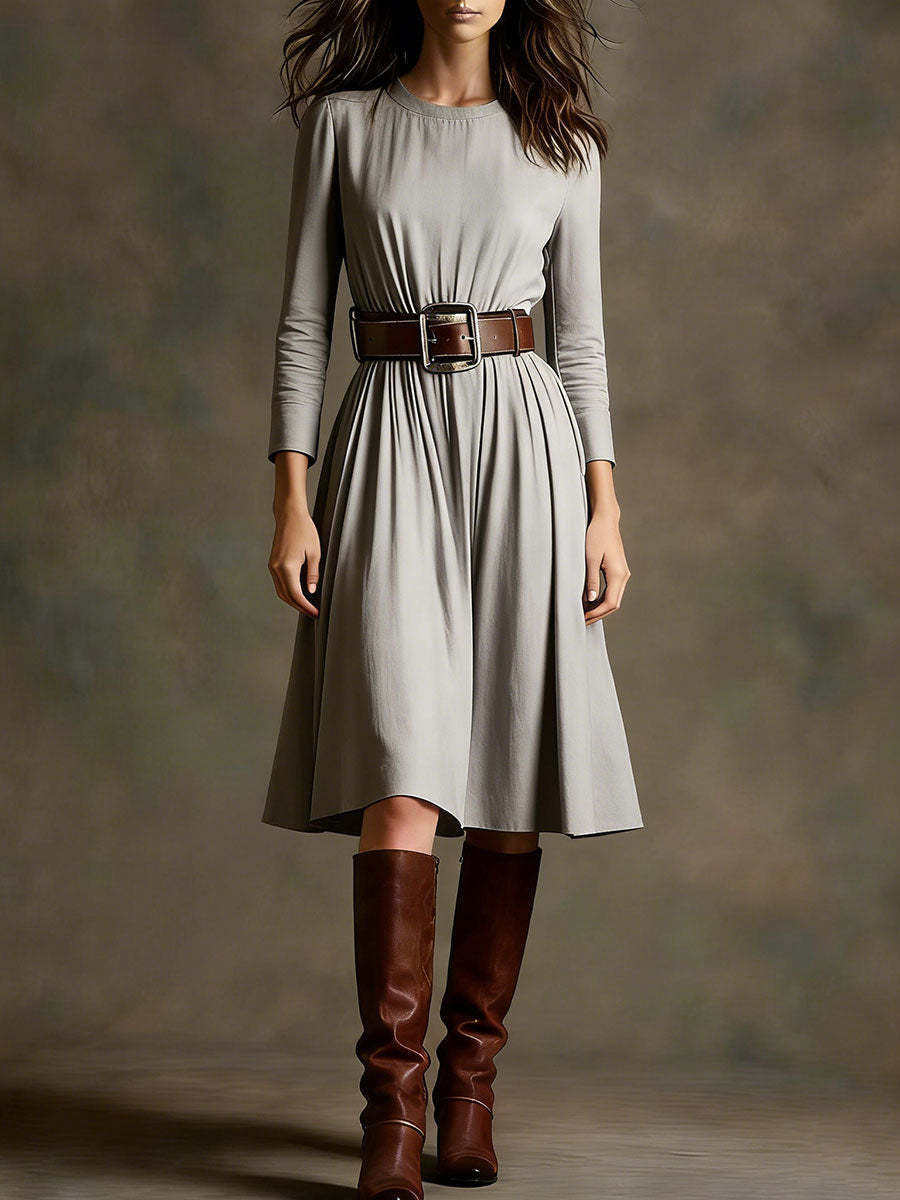 Damen Elegantes Kleid Langarm Taillengürtel Eveloria