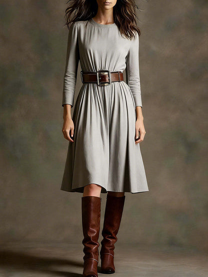 Damen Elegantes Kleid Langarm Taillengürtel Eveloria