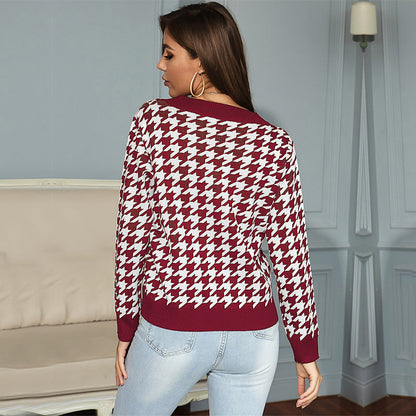 Damen Pullover V-Ausschnitt Hahnentrittmuster Eveloria