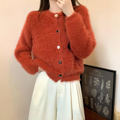 Damen Strickjacke Flauschig Länge Mit Knöpfen Langärmlig