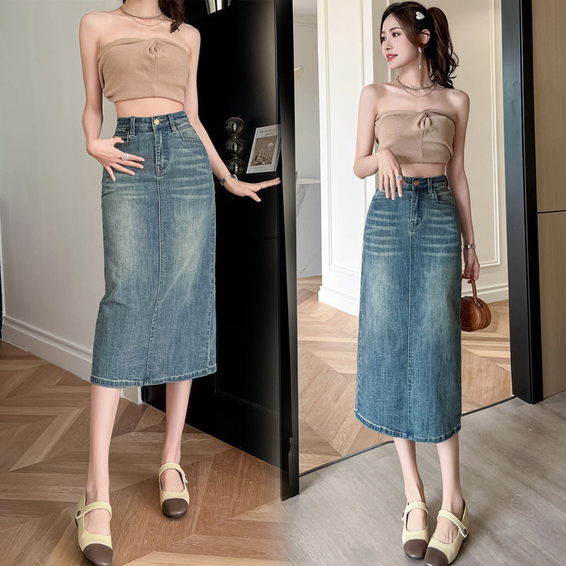 Damen Denimrock Lang Frontschlitz Blau Eveloria - Eveloria