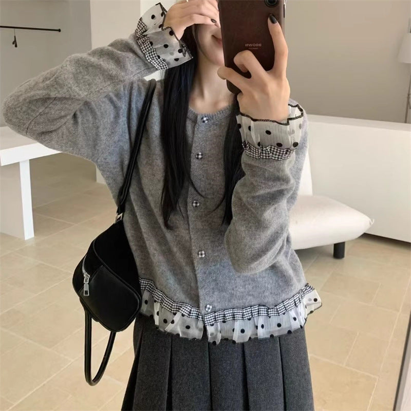 Damen Strickjacke Rüschen Knöpfe Eveloria