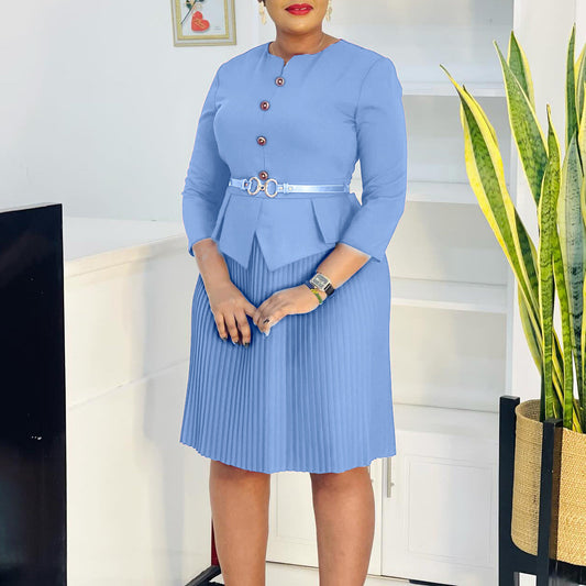 Damen Plissee-Kleid mit Taillenbluse und modischem Gürtel - Eveloria