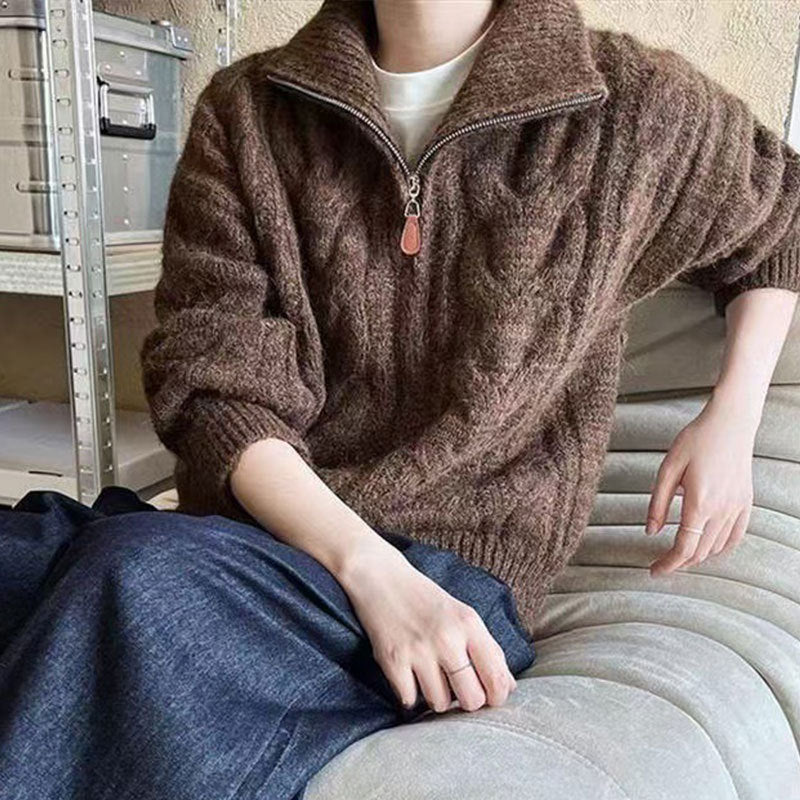 Damen Grobstrickpullover Hochkragen Dekorativer Reißverschluss
