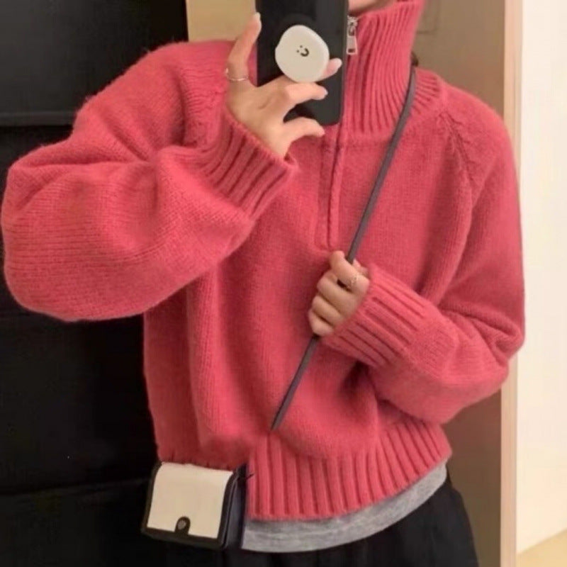 Damen Strickpullover Hochgeschlossen Reißverschluss Eveloria