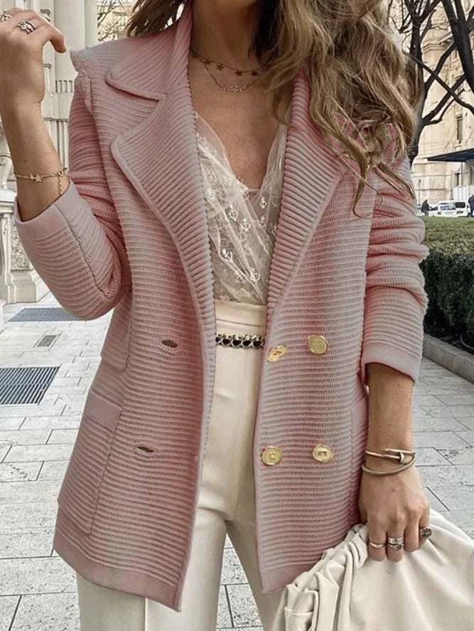 Damen Strickblazer Doppelter Knopfleiste Strukturiert Anthrazit