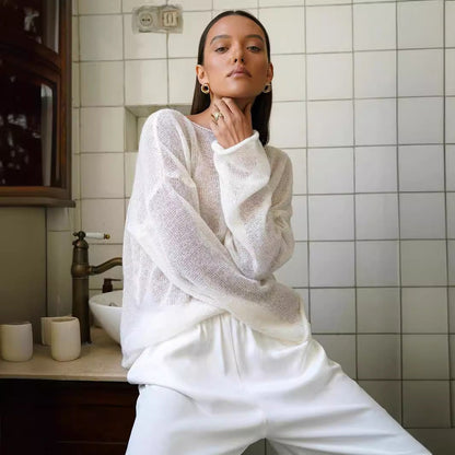 Damen Pullover Weite Ärmel Feines Lochstrickdesign Beige